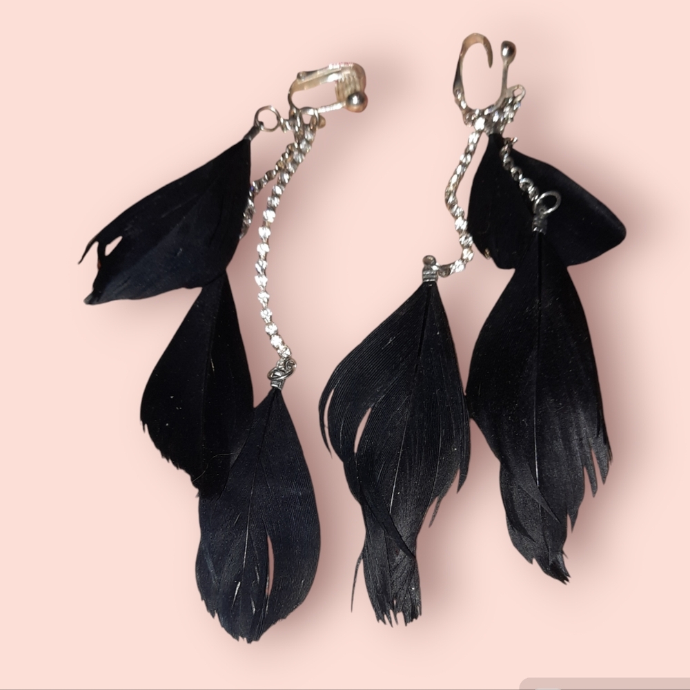 Clip-on feather and rhinestone fancy long earrings silvertone and black